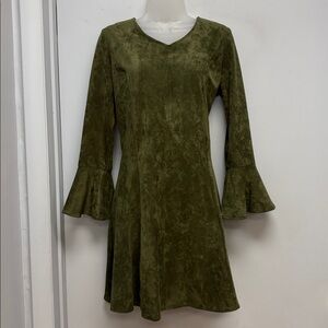 Axyeh Olive Green Faux Suede Fit & Flare Dress with Bell Sleeves Designed in USA